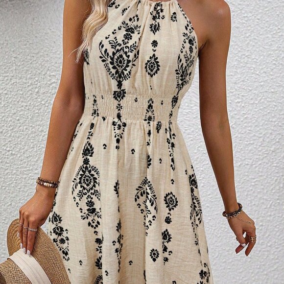 Apricot Boho Women's Print Waist Cinched A-Line Dress, - Picture 5 of 6